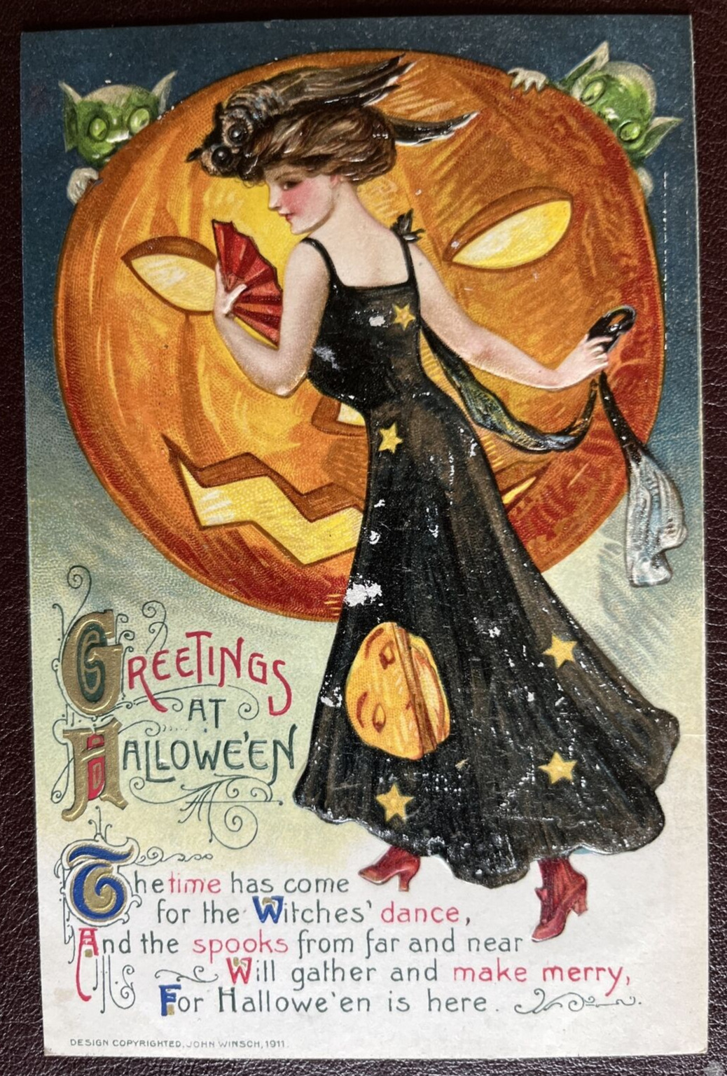 Vintage 1911 Greeting At Halloween Postcard John Winsch JOL Lady in Black Dress 