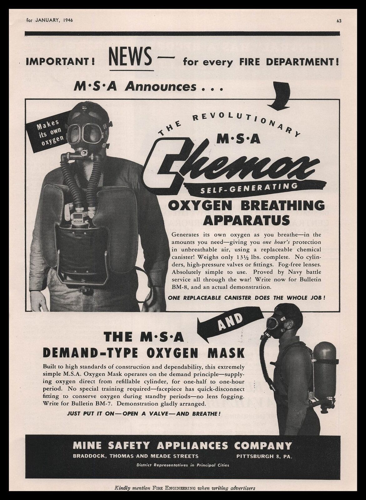 1946 Mine Safety Appliances Photo MSA Chemox Oxygen Breathing Apparatus Print Ad