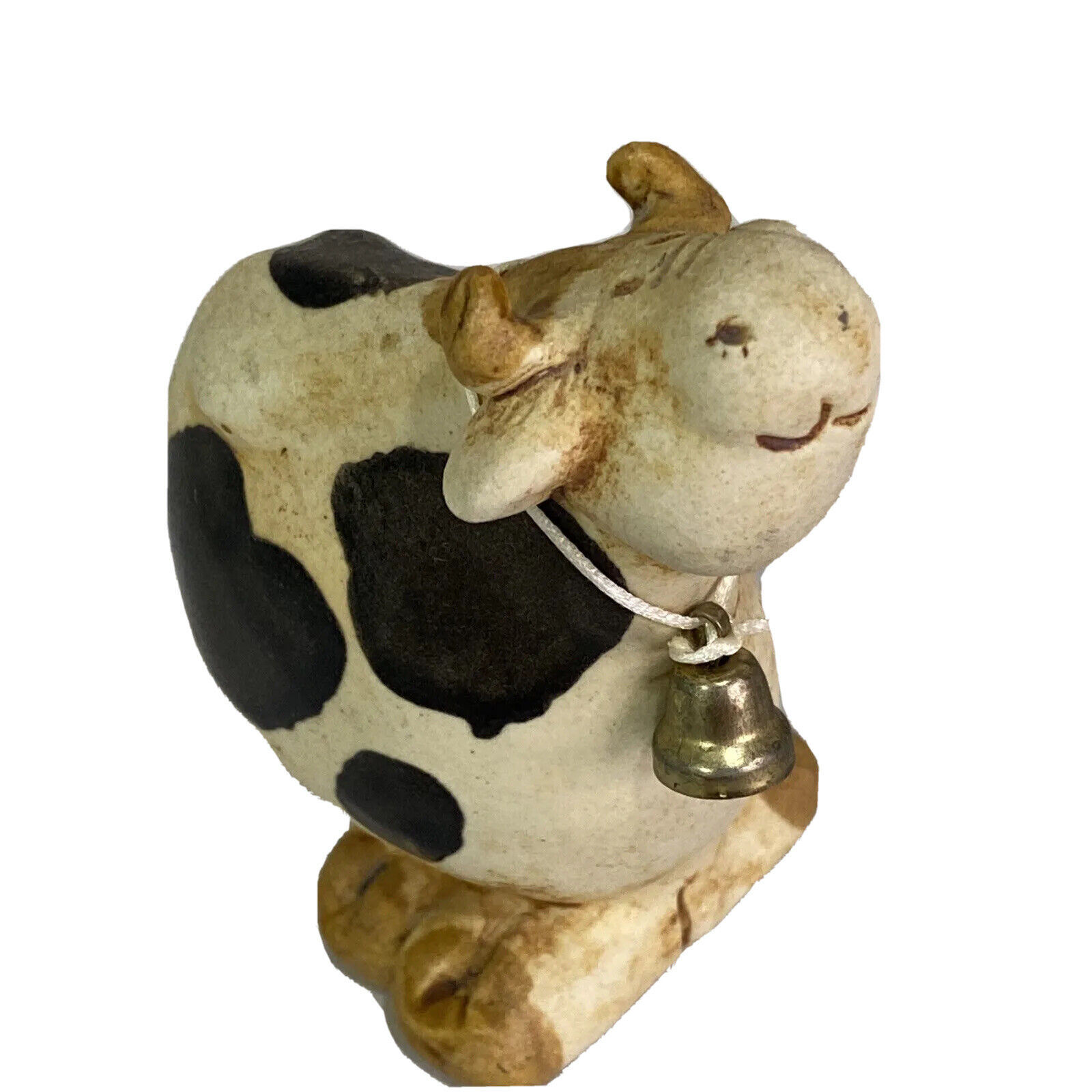 Vintage Small Cow Figurine Rustic Black White Spots Bell Farmhouse Cottage Decor