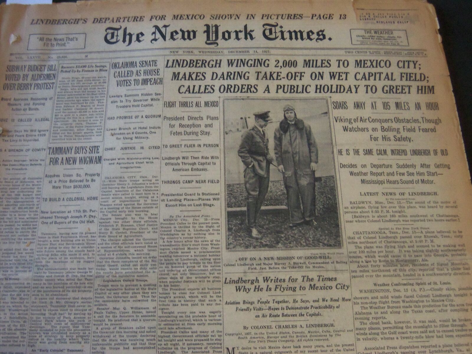 1927 DECEMBER 14 NEW YORK TIMES - LINDBERGH TO MEXICO WRITES FOR TIMES - NT 6291