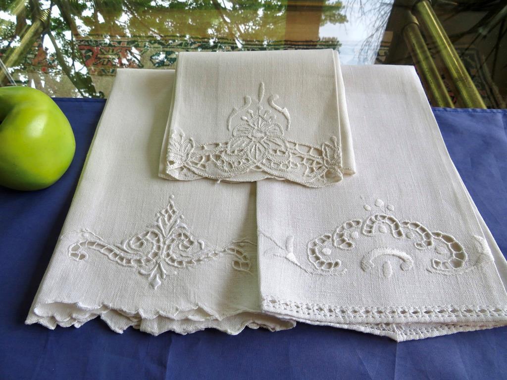 3 Vintage Homespun Linen Guest Towels Hand Cutwork & White on White Embroidery
