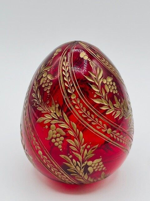 Vintage Russian Faberge Ruby Red And Gold Etched Floral Design Art Glass Egg