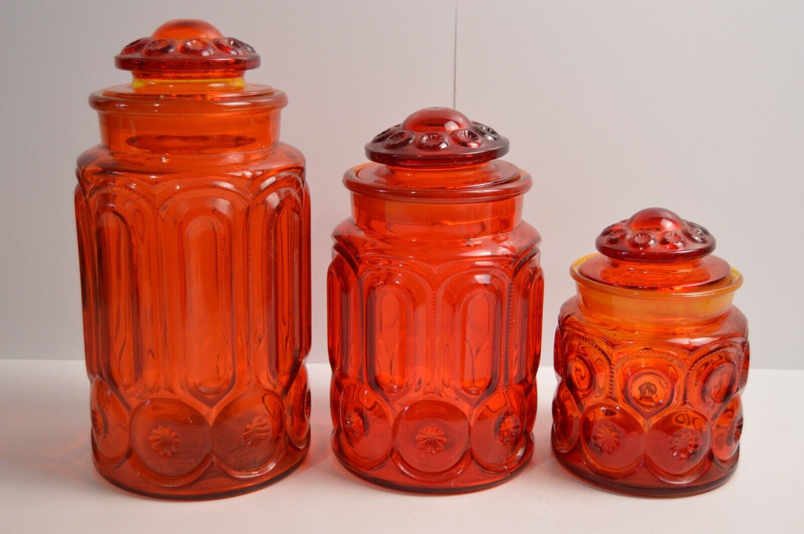 3 Vintage Moon and Stars Glass Canister Set Amberina Collectible LE Smith Jars