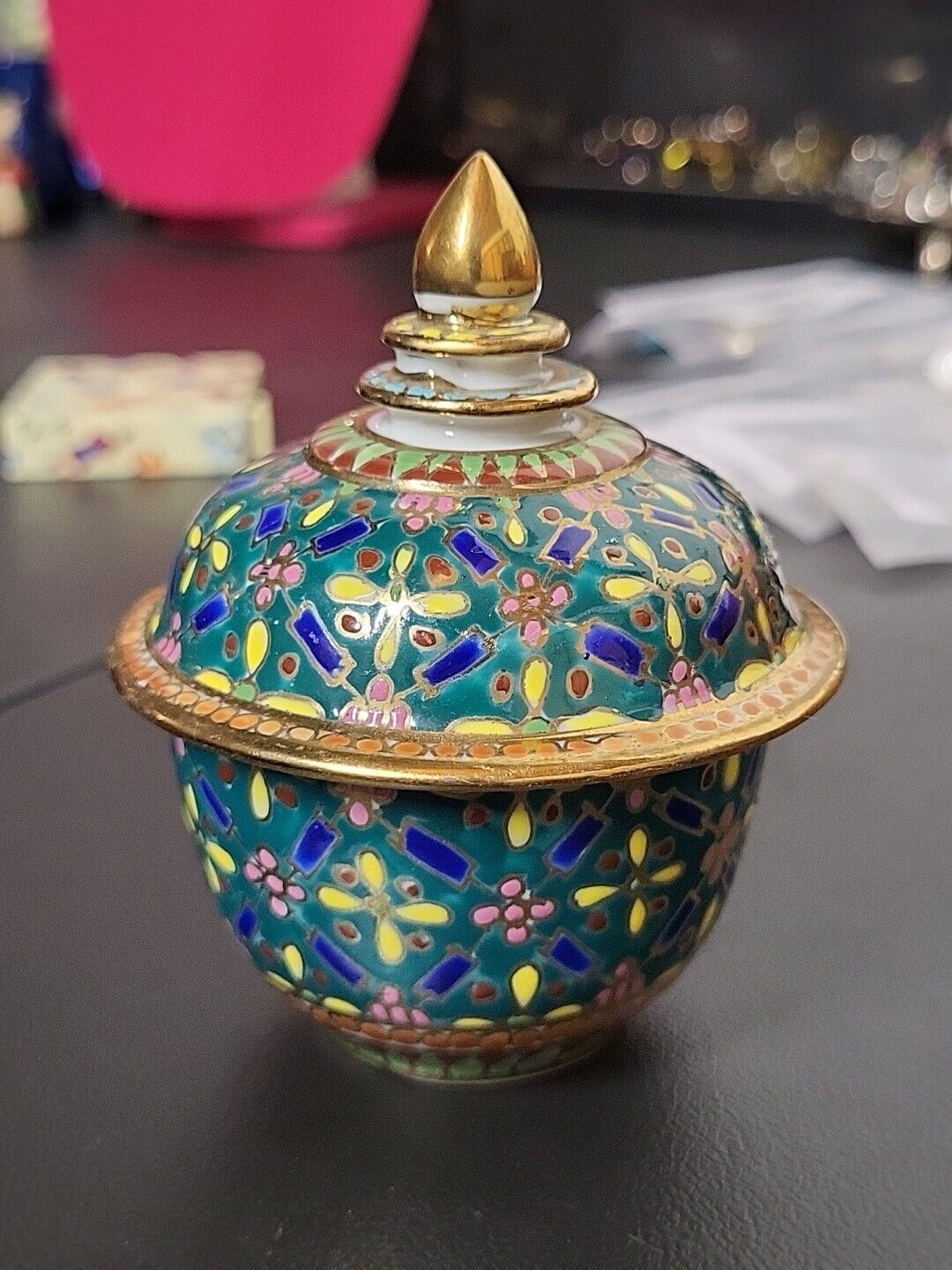 Thai Benjarong Porcelain  Bowl w/Lid Hand Painted Enamel Gold  Vintage