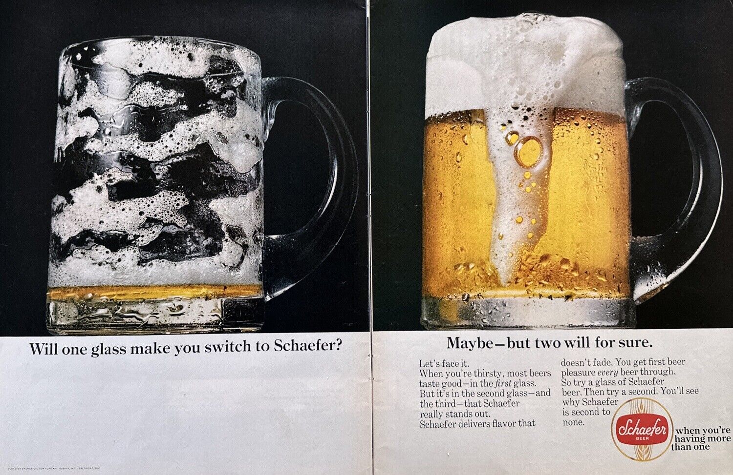 1967 SCHAEFER Beer Vintage Print Ad 2 Page Mug Glass Life 1967 14.5x 22”