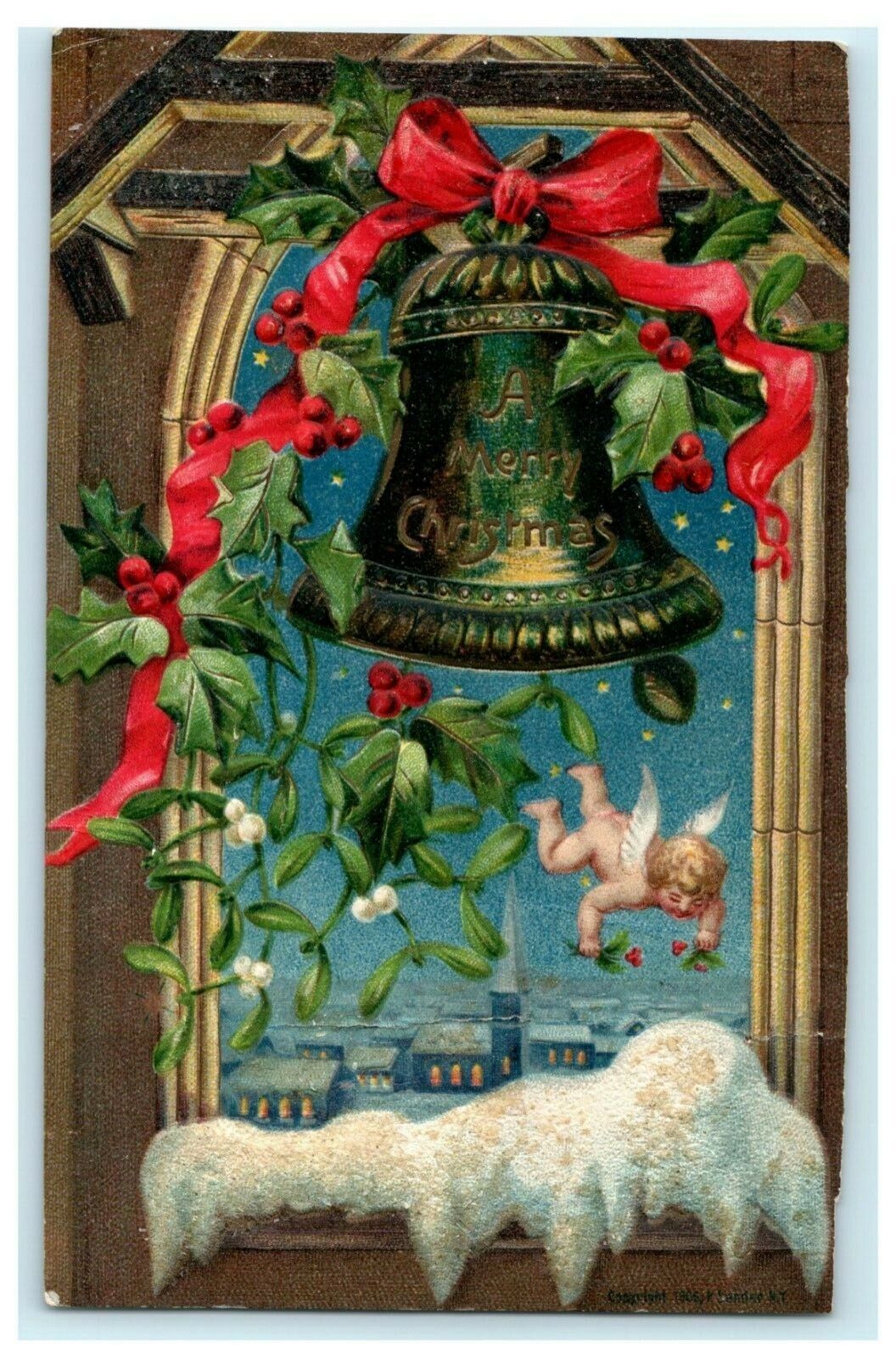 Stunning P. Sander Merry Christmas Angel Church Bell Snow 1906 Antique Postcard