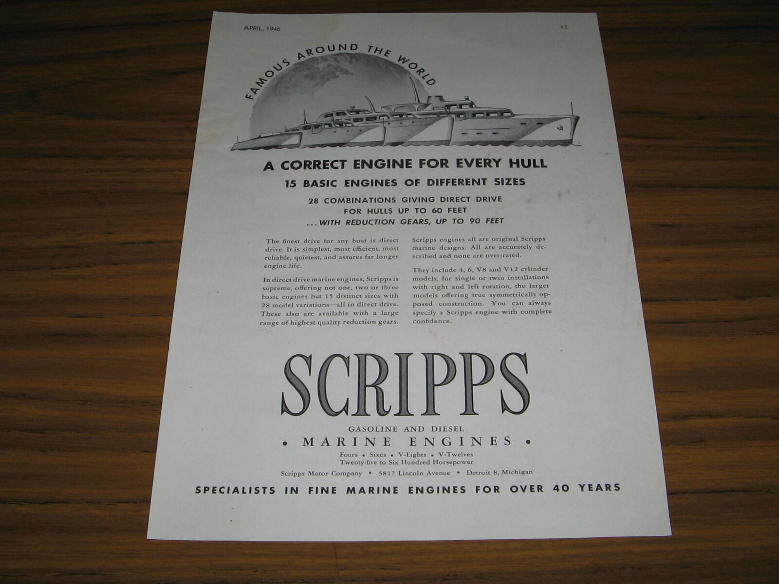 1946 Vintage Ad Scripps Marine Engines Correct Engine for Every Hull