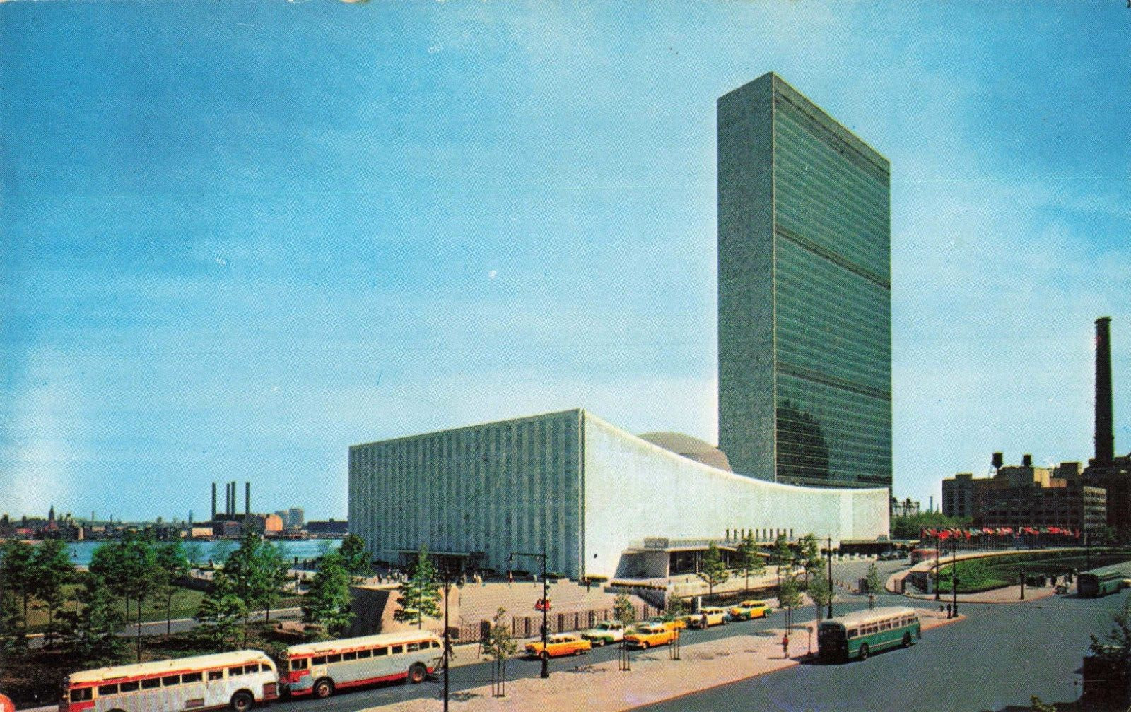 New York City NY, United Nations Buildings, Old Cars & Buses, Vintage Postcard