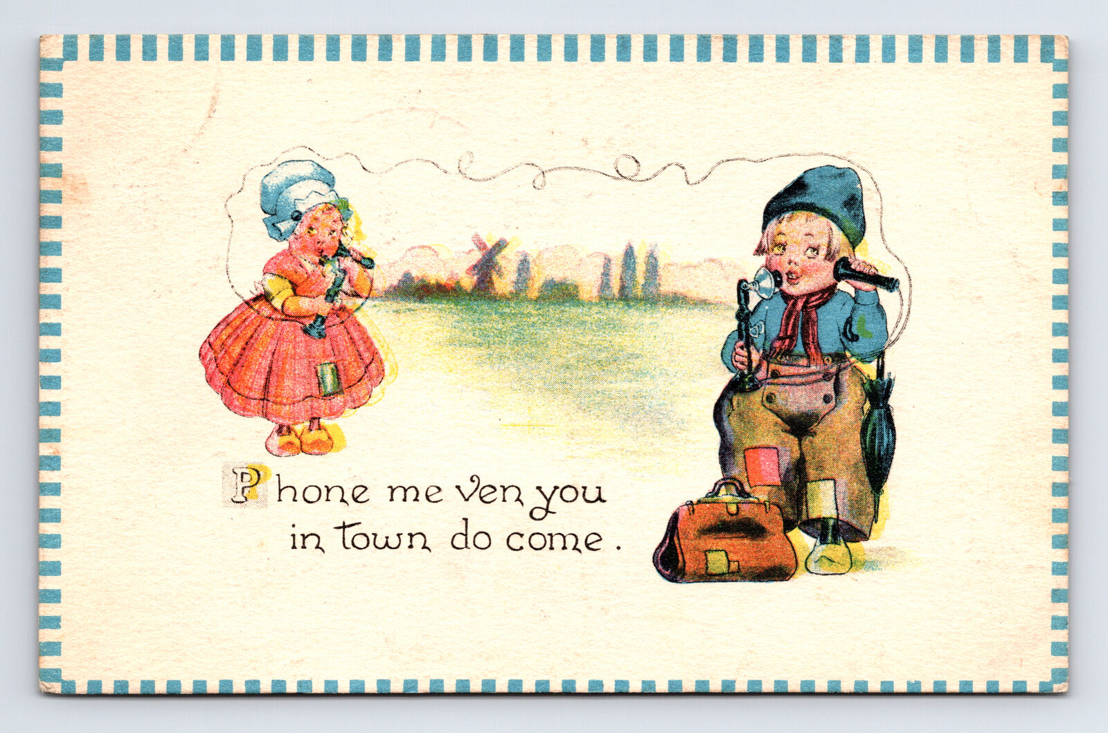 c1913 Dutch Children Phone Me Ven You In Town Do Come Postcard