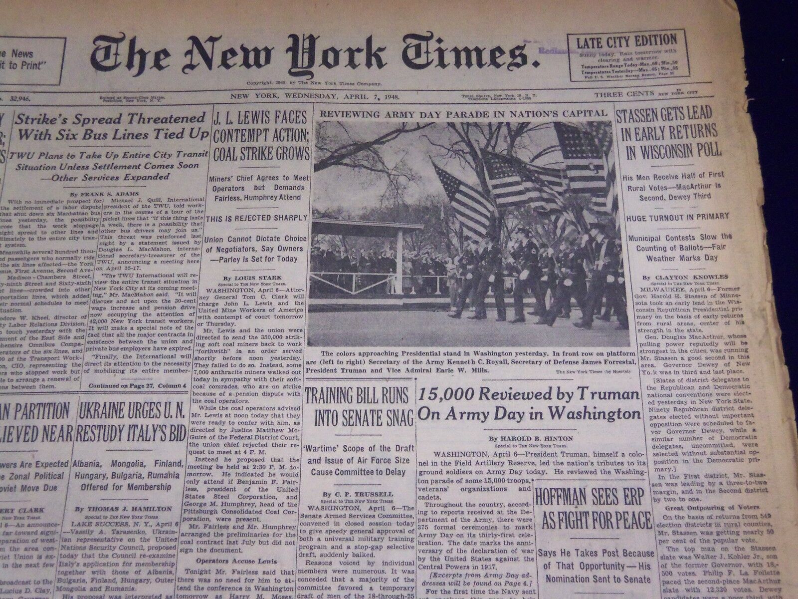 1948 APRIL 7 NEW YORK TIMES - STASSEN HAS LEAD IN WISCONSIN - NT 3539