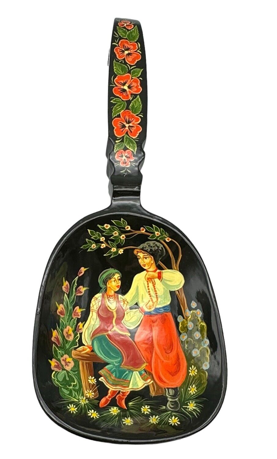 Russian Black Lacquer Hand Painted Khokhloma Spoon Peasant Couple 15 inch Scoop