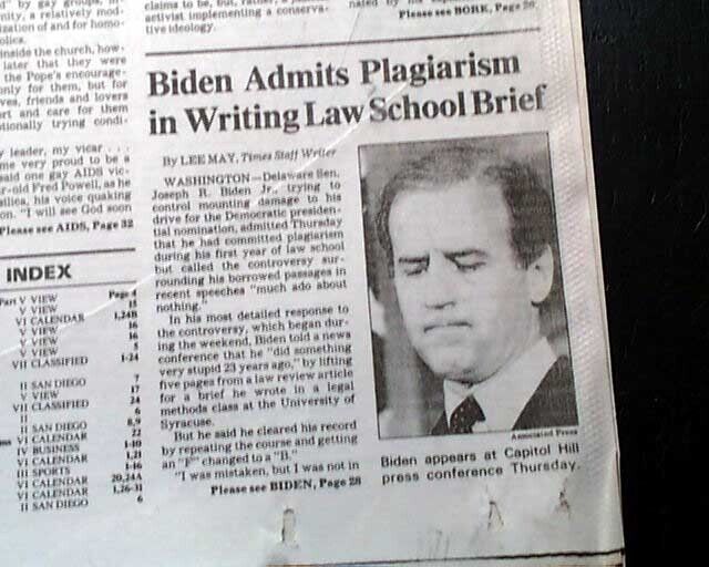 Joseph JOE BIDEN Busted for Plagiarism Syracuse Law School Photo 1987 Newspaper 
