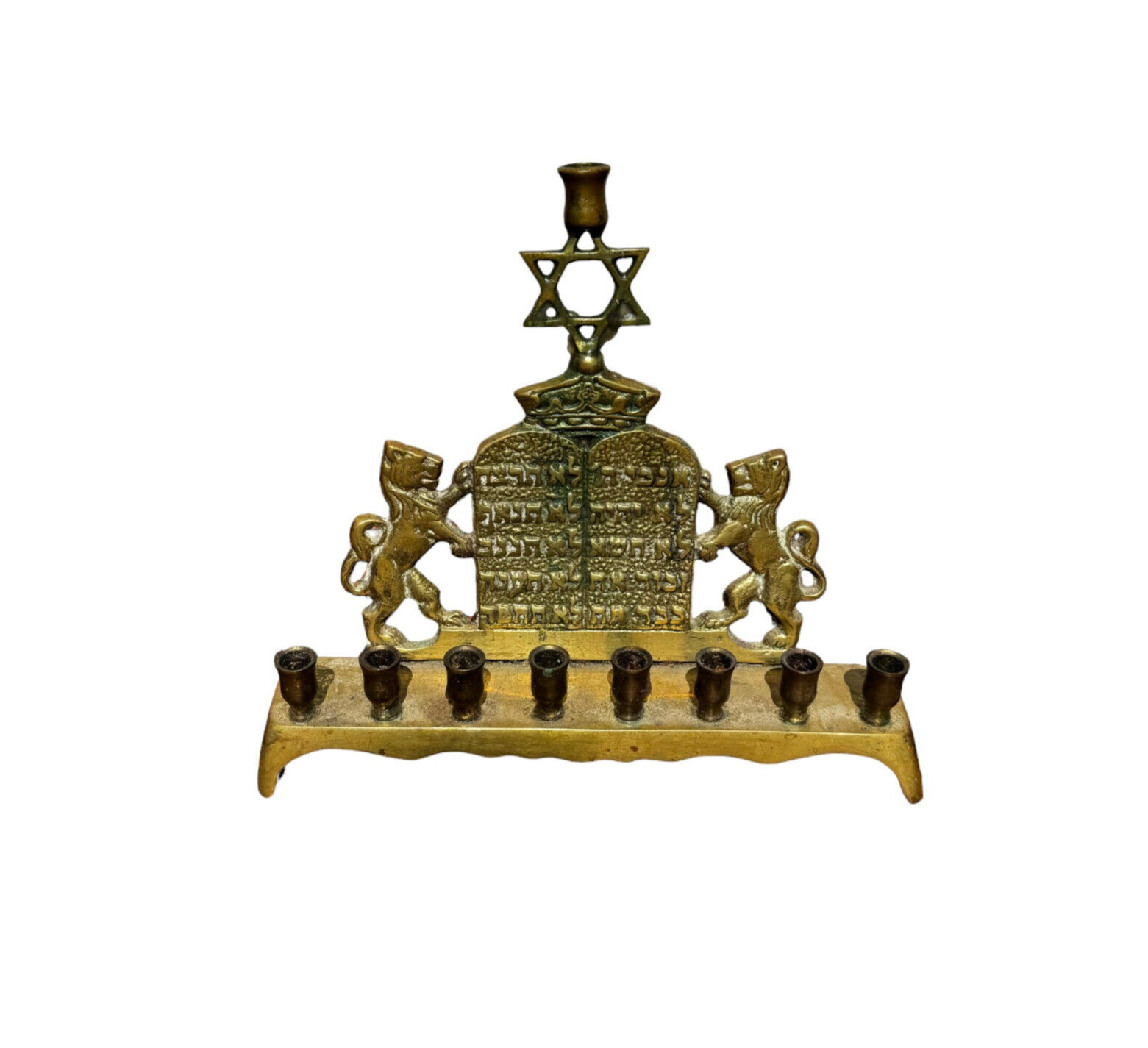 Antique European Brass Menorah with Star of David from the Lions of Judah