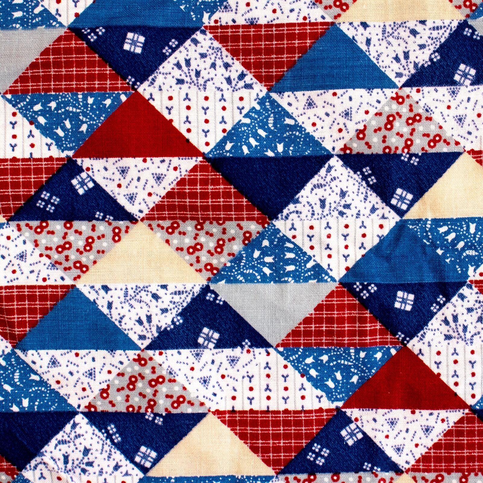 Vtg Cotton Fabric Quilt Cheater Patchwork Print BTHY Red Blue Triangles Half Yd