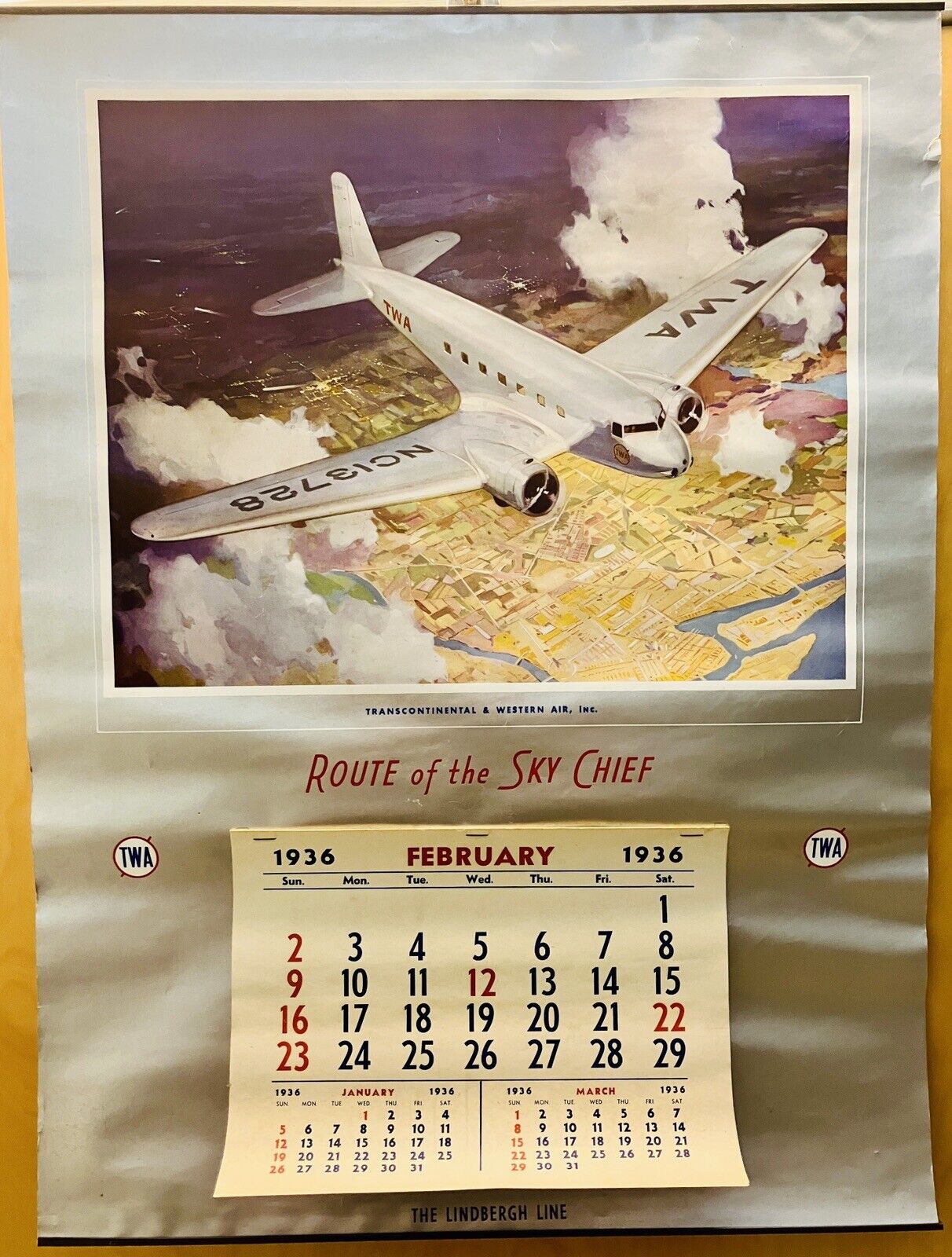 VTG TWA Airlines 1936 Wall Calendar Poster Sky Chief Route Lindbergh Line Plane