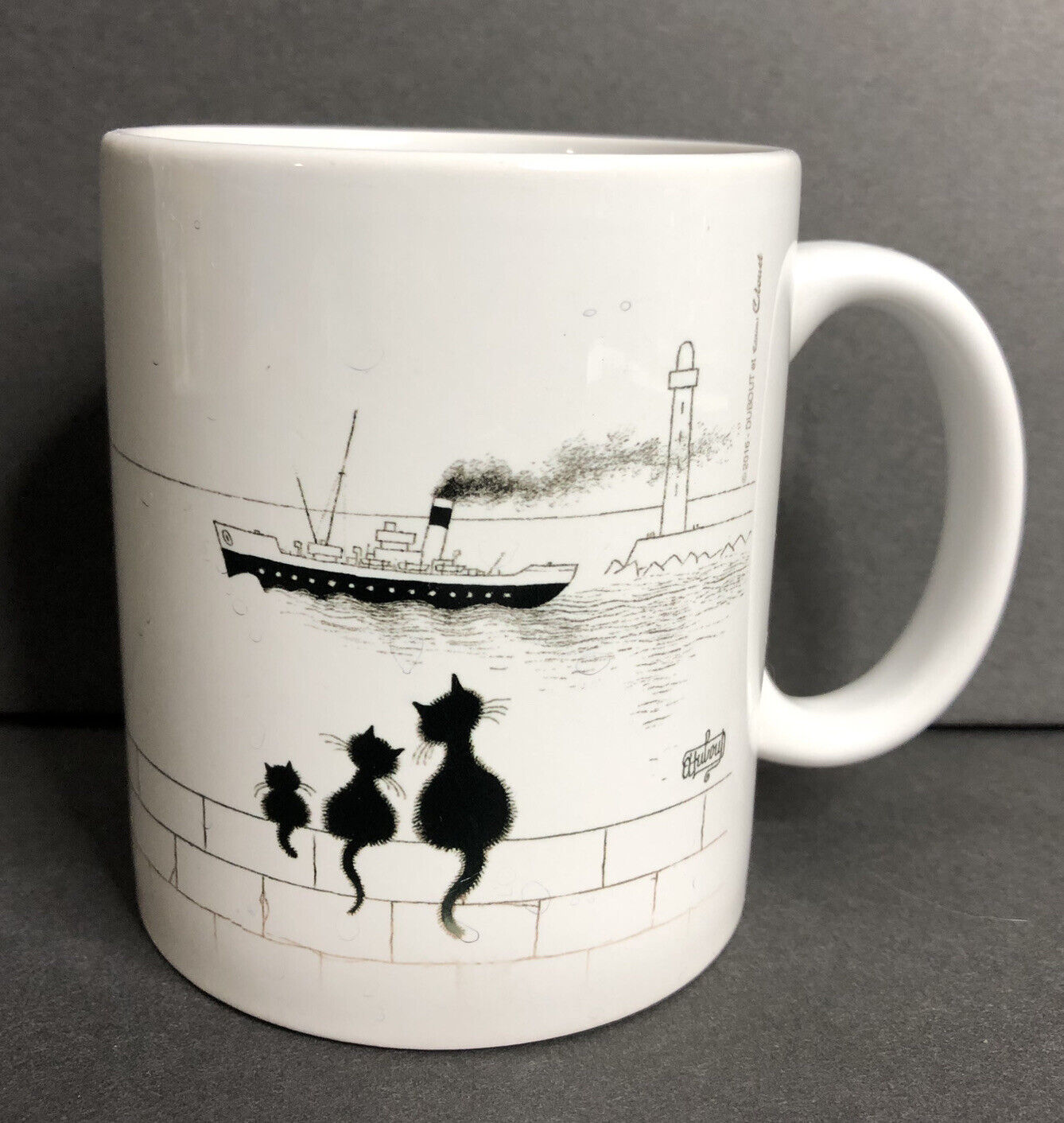 Albert DUBOUT Cat Ceramic Mug Black White 3 Cats on Wall Watching Steamship 2016