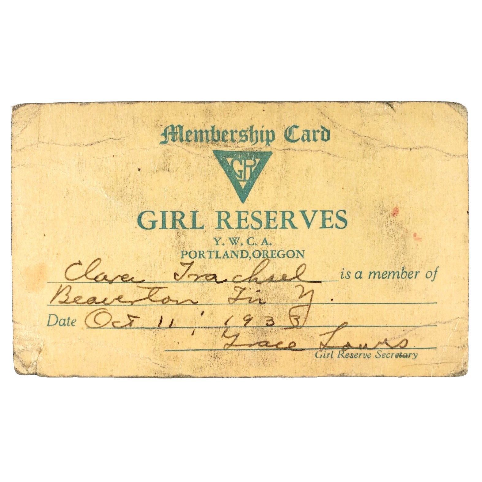 YWCA Girl Reserves Membership Card 1930s Portland & Beaverton Oregon Youth B3491