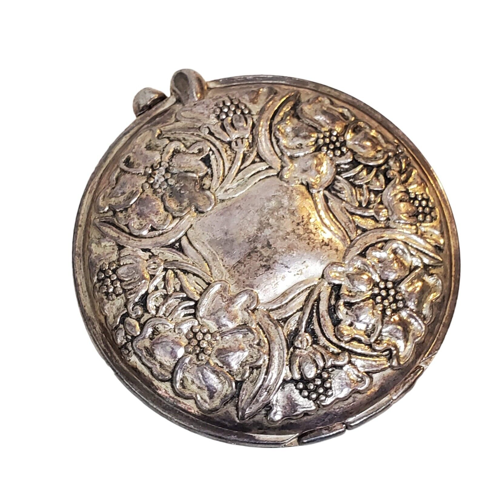 Vintage 1928 Silver Tone Floral embossed Scroll Design Powder Compact Mirror