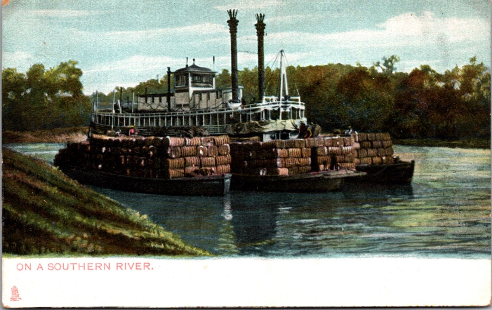 Postcard On A Southern River, Boats Ships Moving Cotton or Other Material