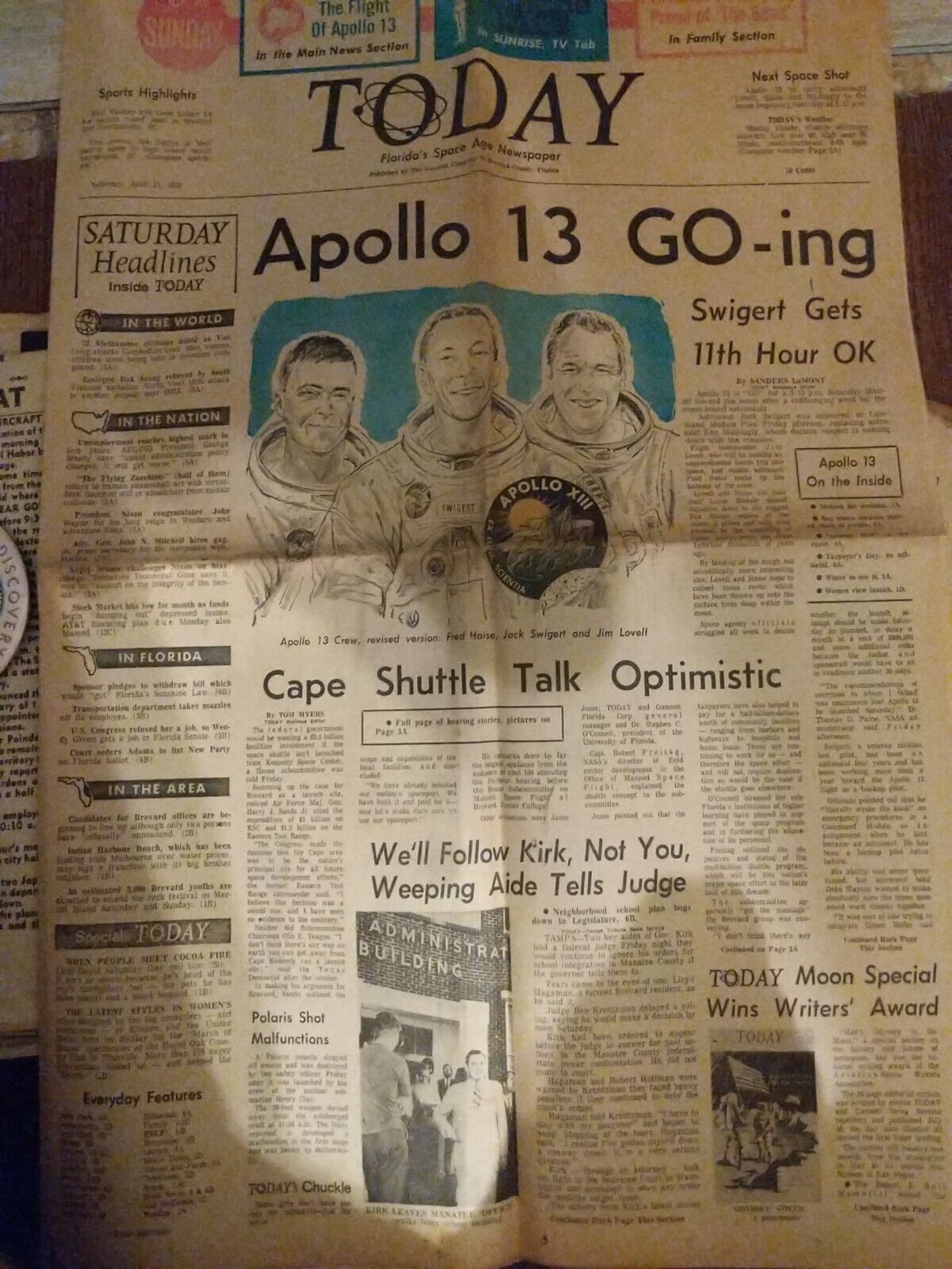 Apollo 13 Newspaper 1970 Florida Today Brevard County April 11,1970 Cape Canaver