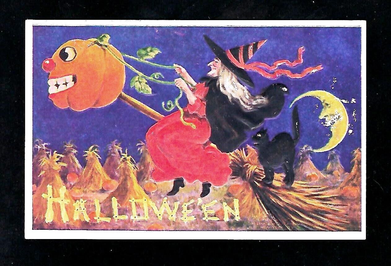c1909 Intl Art Halloween Postcard Witch Riding Pumpkin Broom,Cat, Haystacks Moon