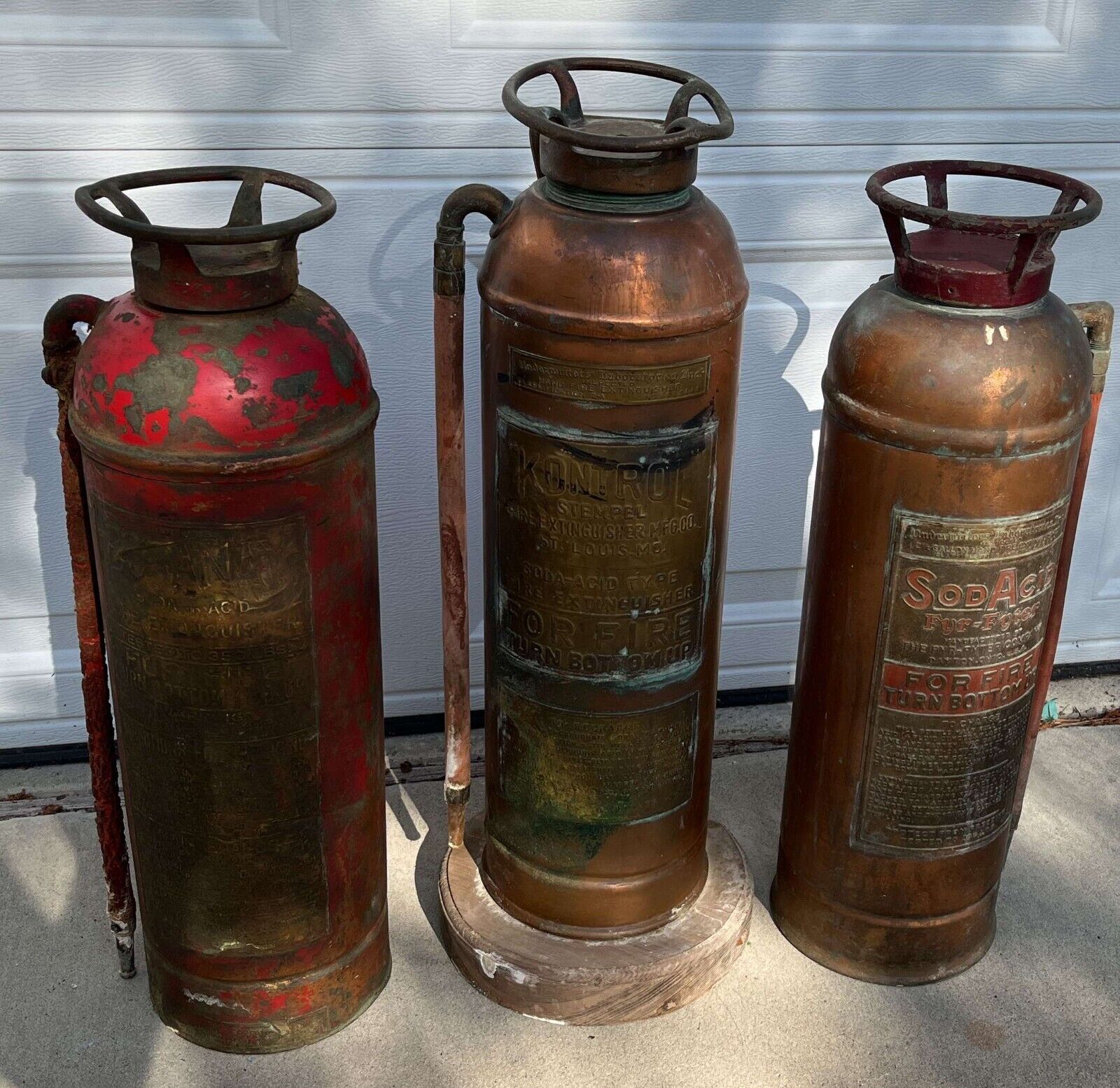 3 Vintage Brass Fire Extinguishers from the 40s and 50s