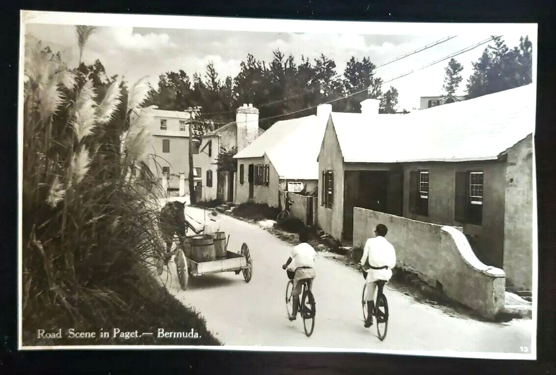 RPPC~ Road Scene~ Paget, Bermuda~ Bicycle Riders and Horse Drawn Wagon