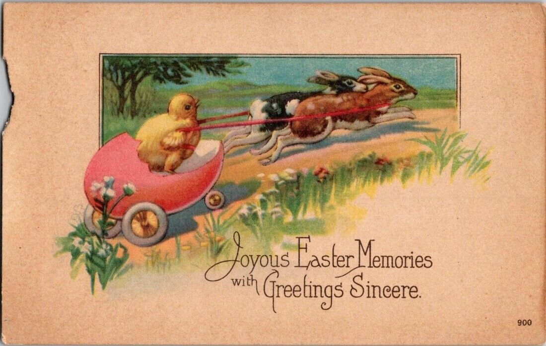 Vintage Antique Postcard Easter Anthropomorphic Bunny Egg Chick Carraige P04