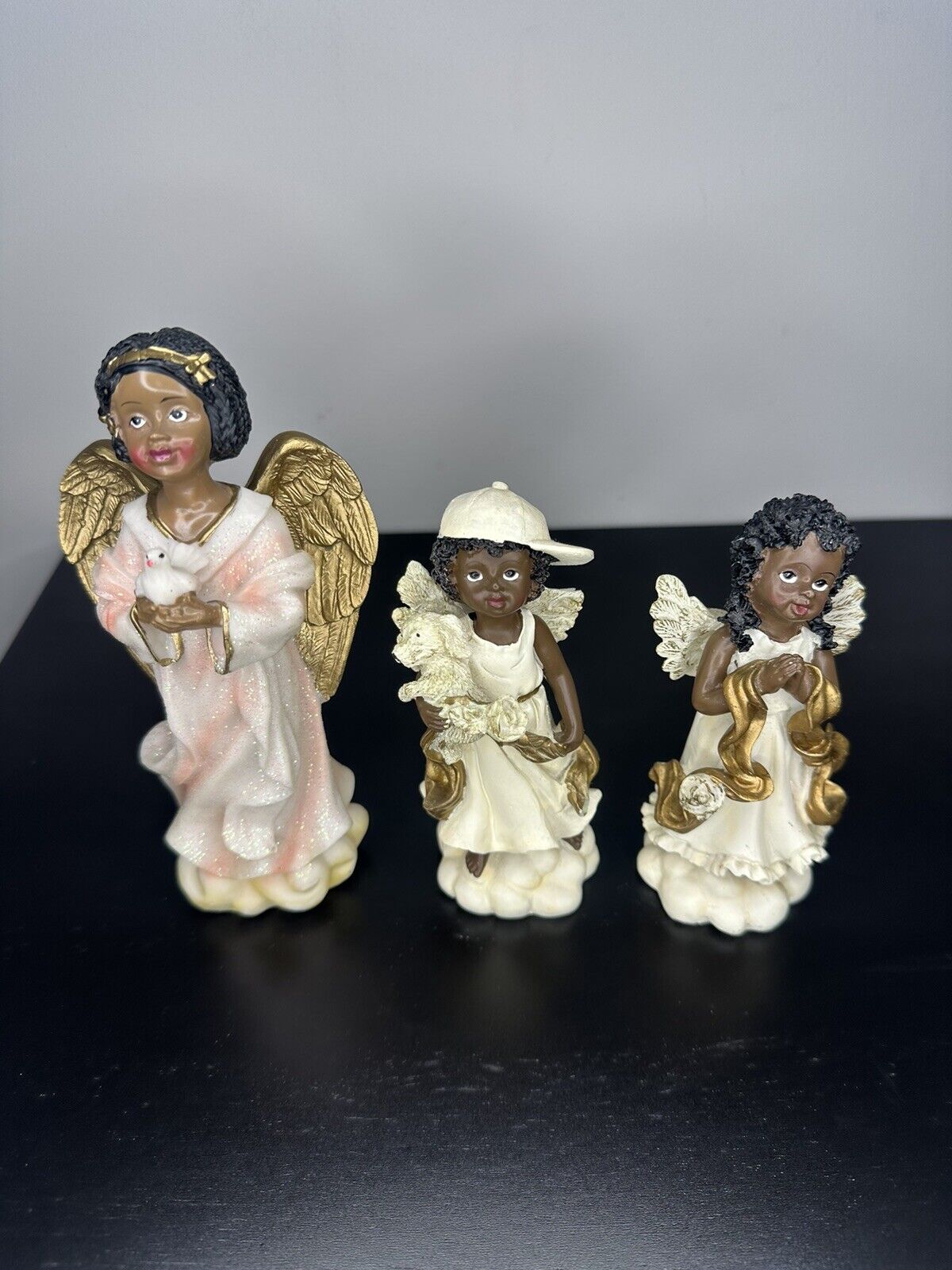 Set of 3 African American Angel Figurines - Handcrafted with Golden Accents