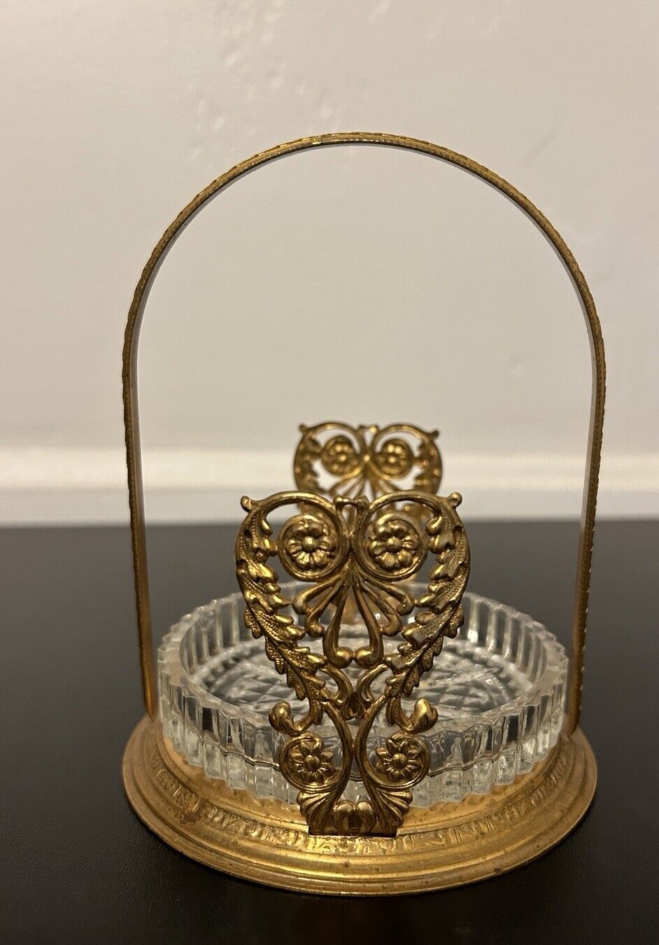 Vintage Gold Glass Handle Dish Caddy Ornate Heart Flowers Serving Basket Vanity