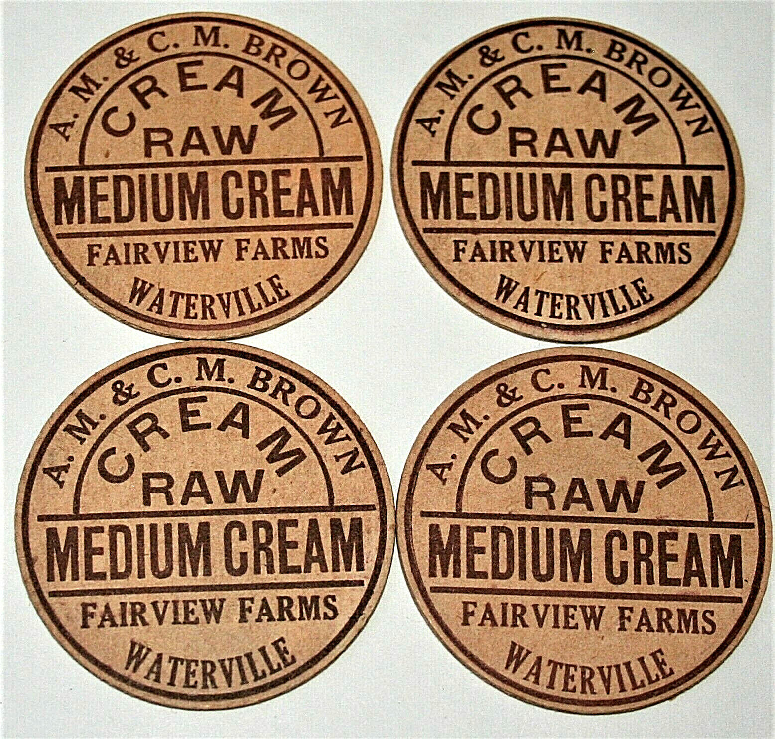 4 AM CM Brown Dairy Fairview Farm Raw Cream Milk Bottle Cap NOS 1950s Waterville