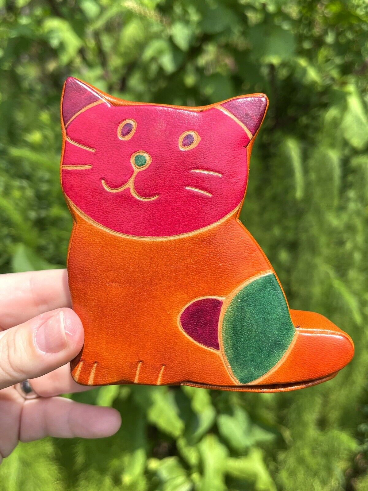 Vintage Leather Cat Coin Bank 90s - 4”x 4”