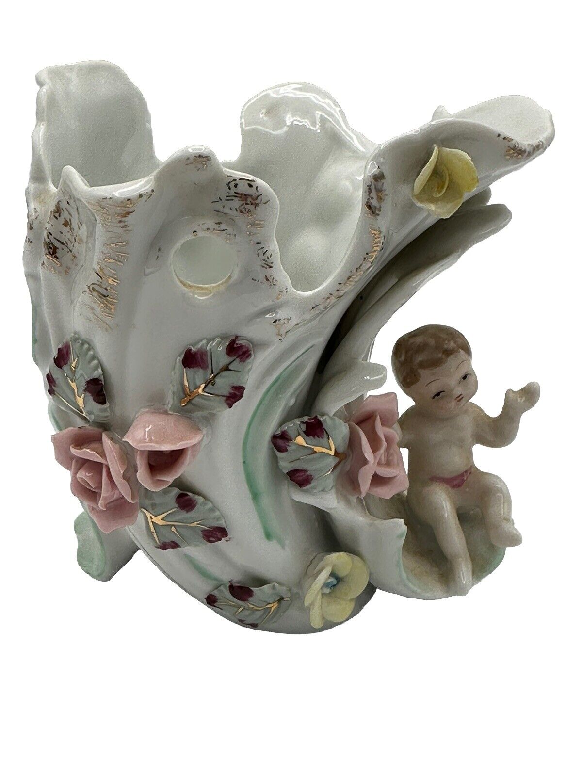 Vintage Porcelain Figurine Vase Victorian Child Flowers Fragile