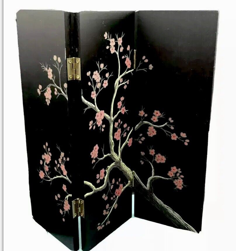 Asian 3 Panel Wooden Folding Screen Cherry Blossoms  Miniature 12”