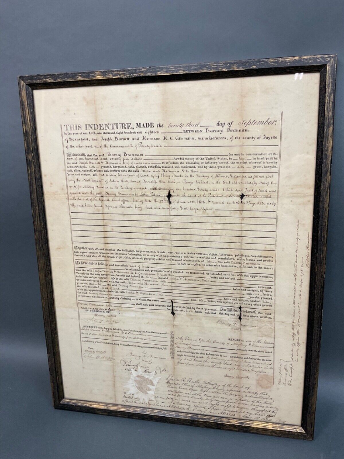 1818 Antique Land DEED Fayette Penn. Territory of Illinois  Double Glass Framed