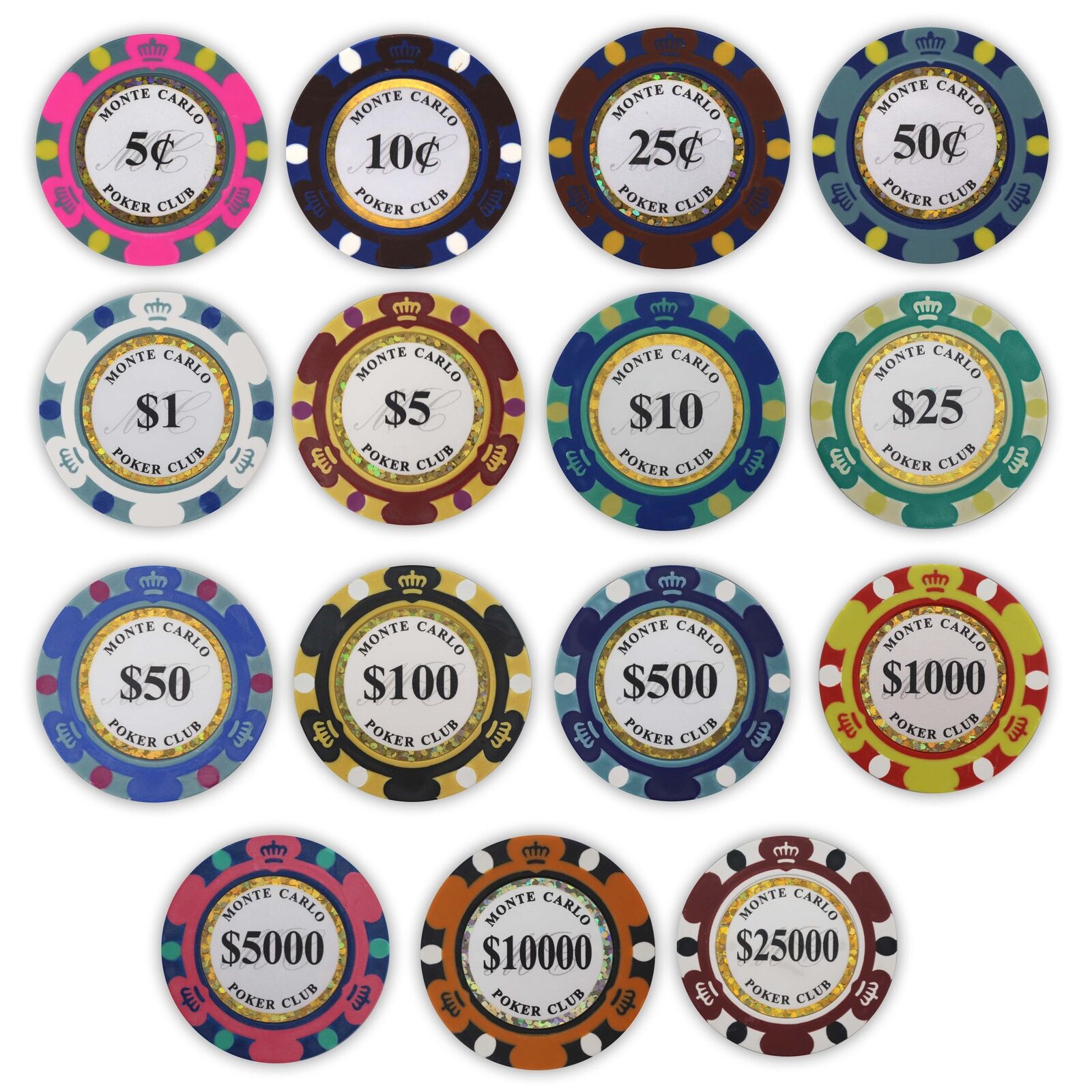 Monte Carlo Poker Chips - SAMPLE PACK Set - 15 Denominations - 14 Gram NEW