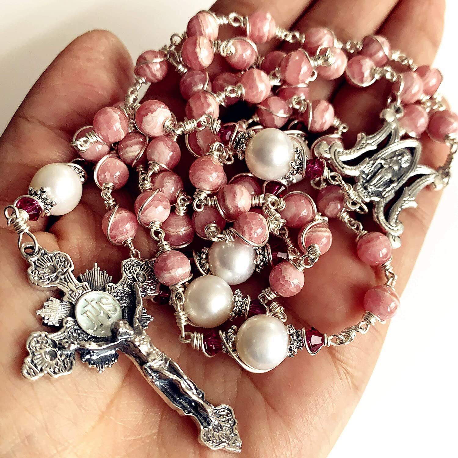Sterling Silver Wire Wrapped Rhodochrosite &Real Pearl Beads Rosary necklace