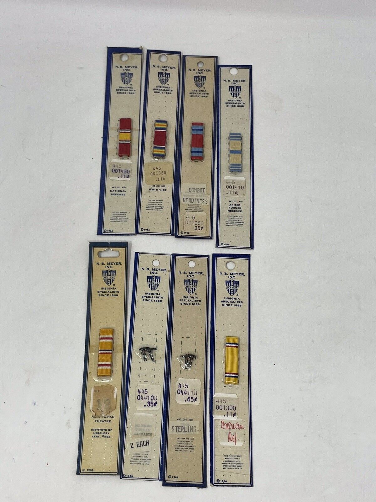 8 Vintage N.S. Meyer Ribbon Lot 1960’s Military Armed Forces Sterling WW II
