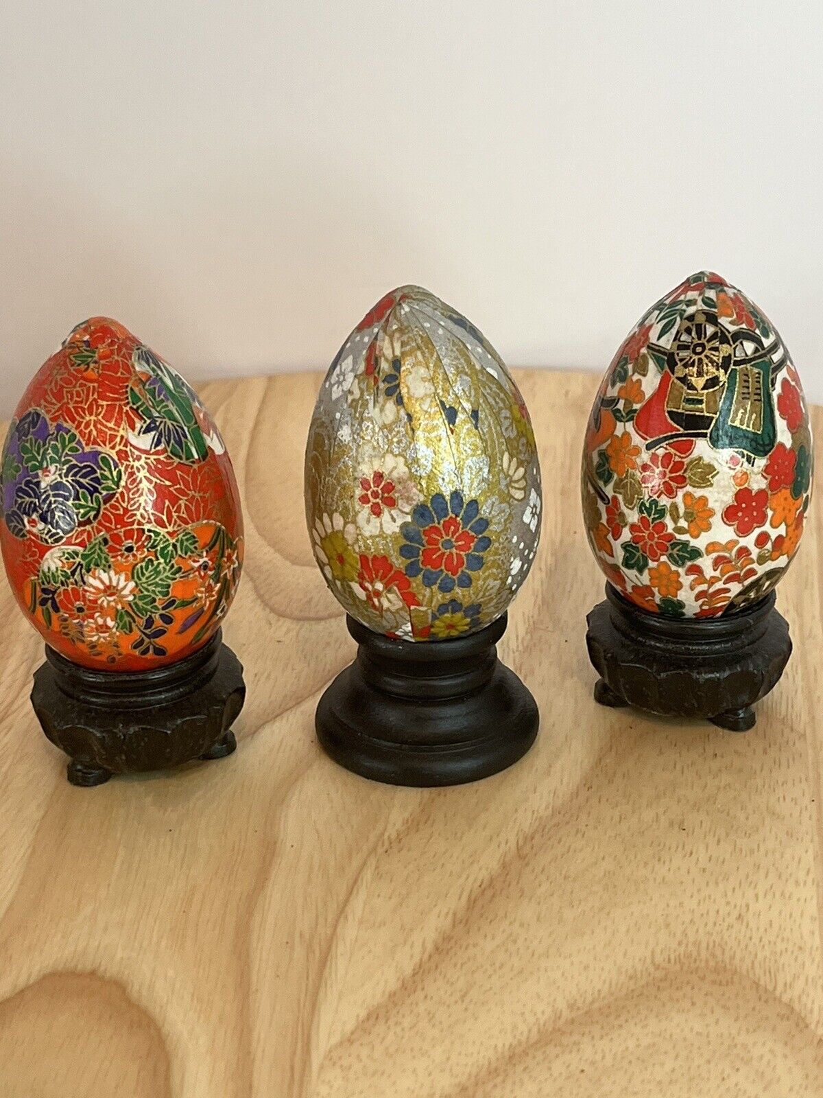 ThreeDecorative Eggs, Paper Mache Stands Included Floral Asian (?) Theme