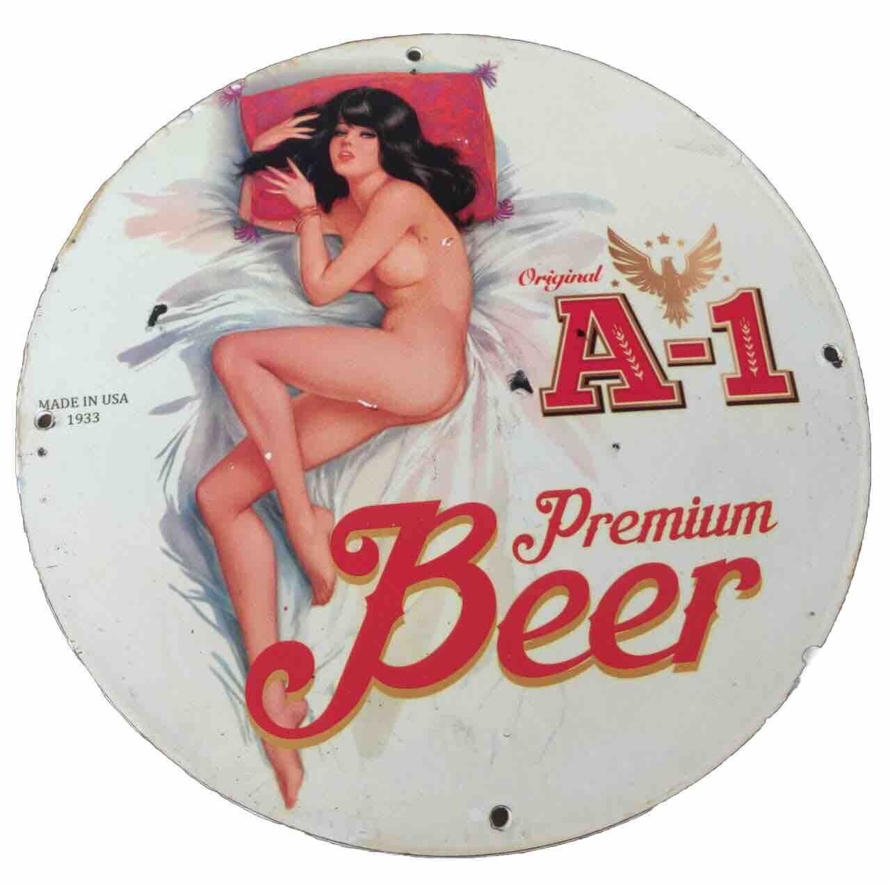 RARE A-1 PREMIUM BEER PINUP STYLE GIRL STYLE PORCELAIN GAS OIL PUMP BREWERY SIGN
