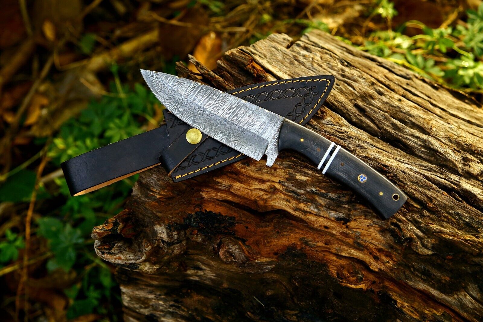 11″Handmade Damascus Hunting Bowie Knife Leather Sheath-Makata Wood Black Handle