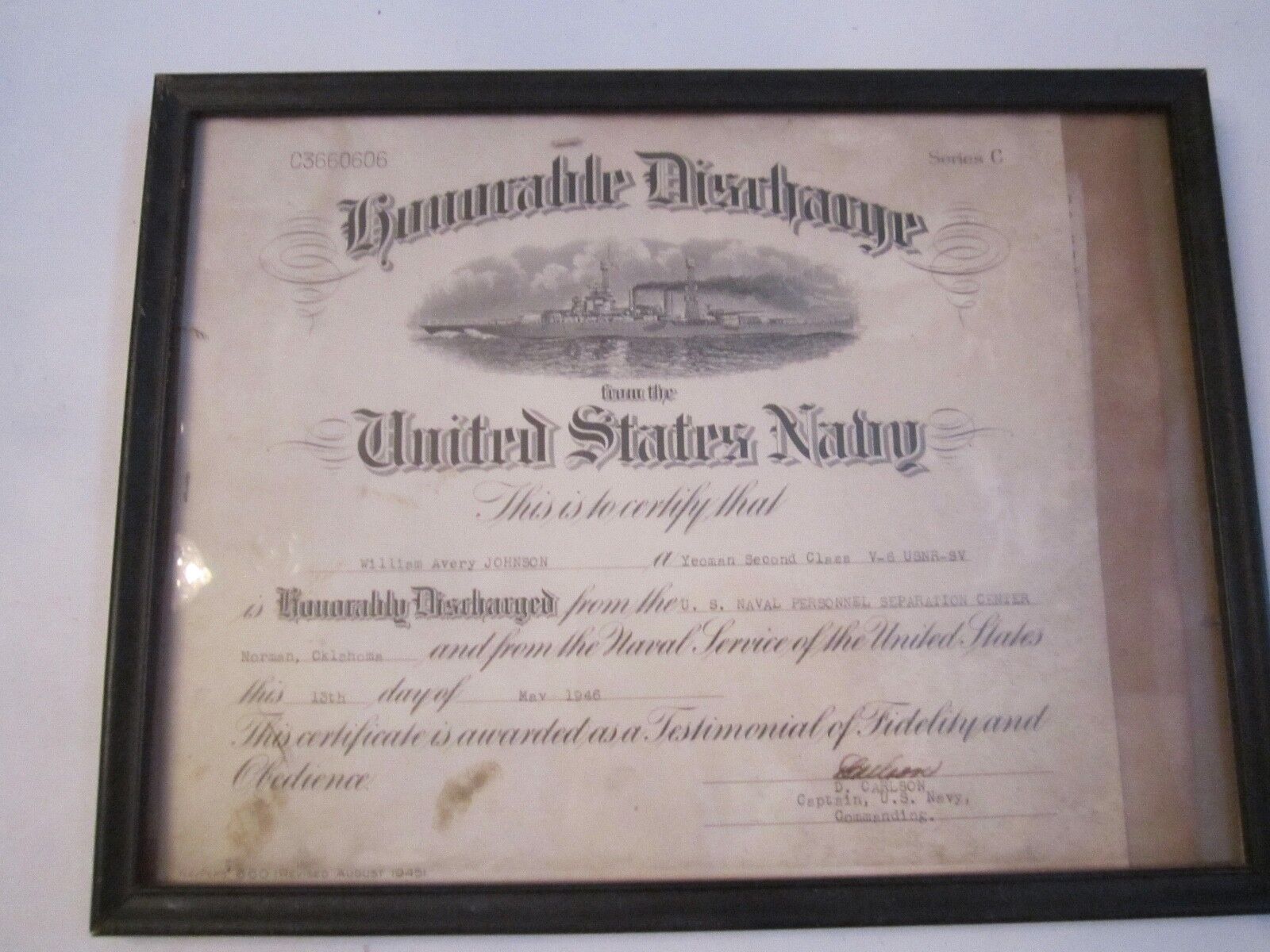 1946 UNITED STATES NAVY HONORABLE DISCHARGE CERTIFICATE - TUB RSS