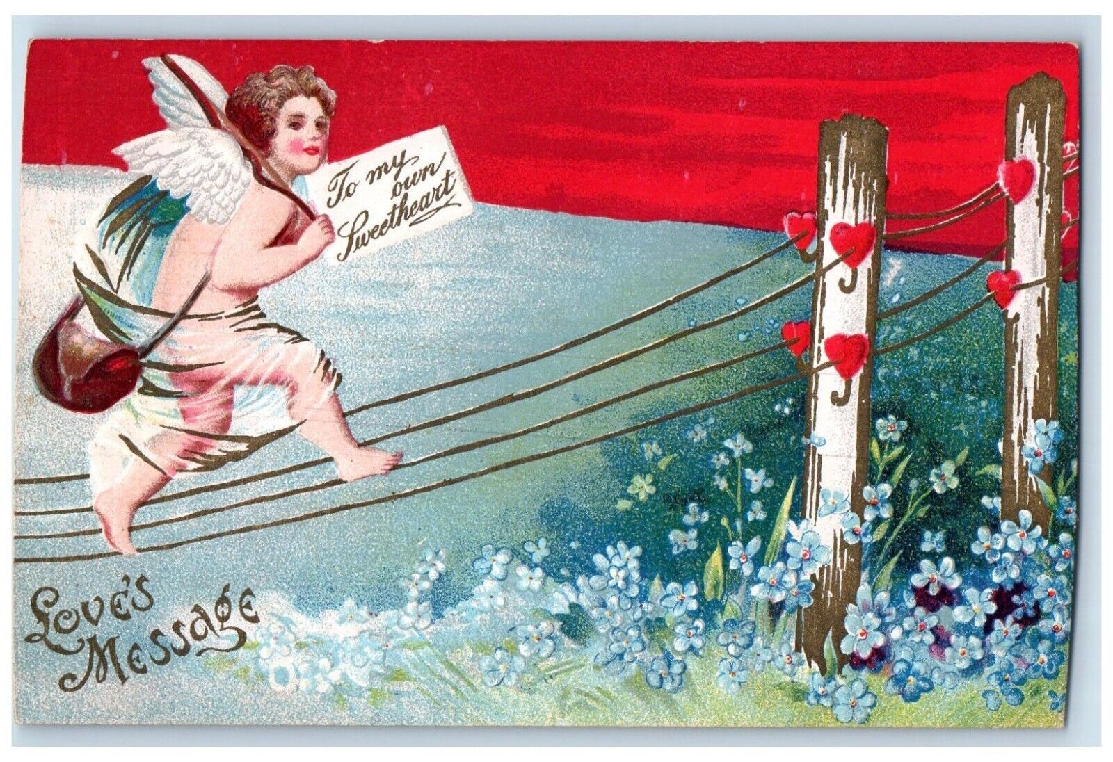 c1910's Valentine Cupid Angel Sending Mail Pansies Hearts Embossed Postcard