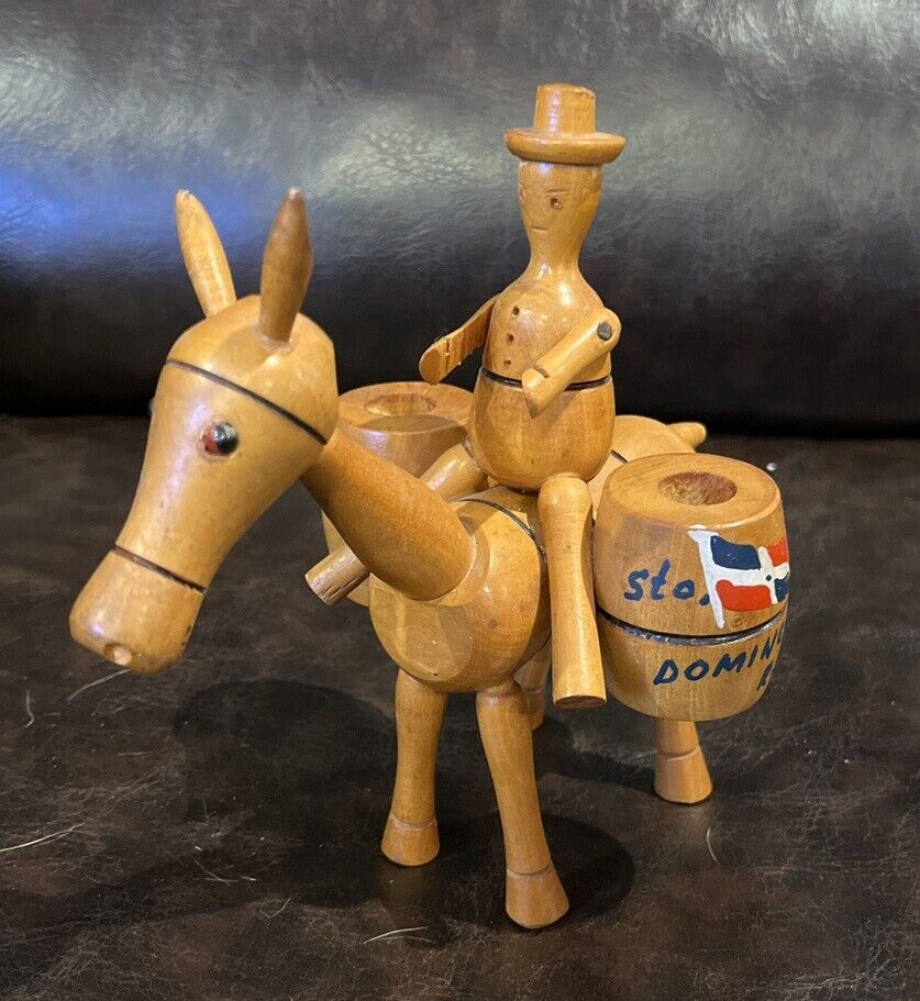 Dominican Folk Art Carved Wooden Sculpture of Man Riding on Donkey Mule 7” Tal