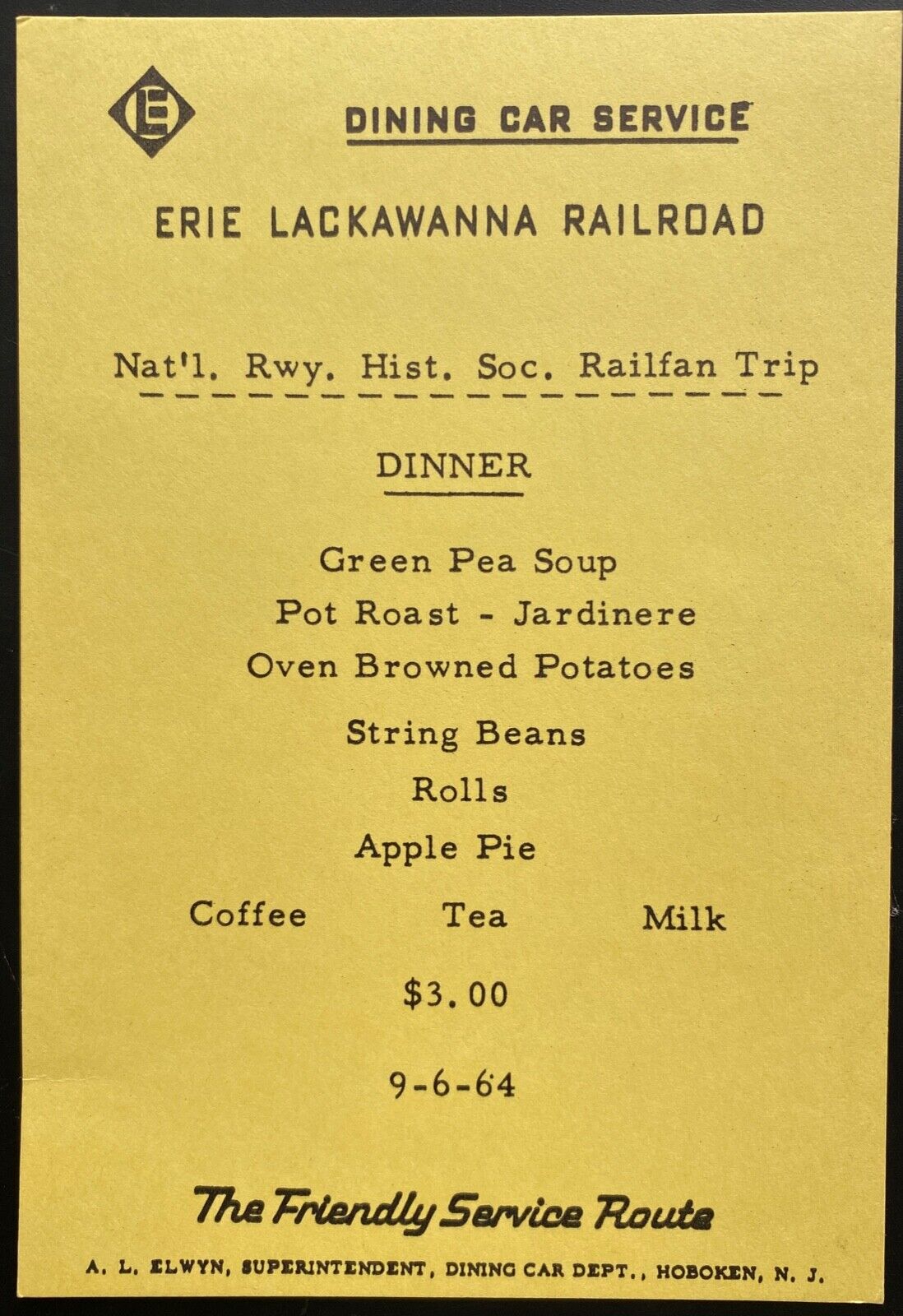 1964 ERIE LACKAWANNA RAILROAD vintage dinner menu DINING CAR SERVICE Hoboken, NJ