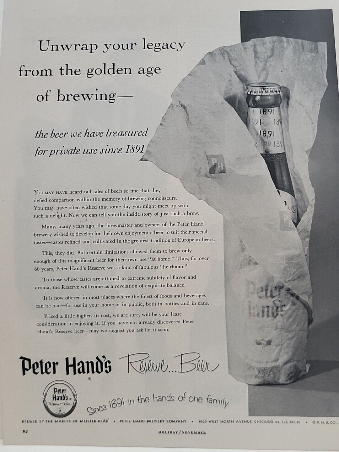 1953 Peter Hand\'s Reserve Beer Holiday Print Ad Bottle Meister Brau Chicago