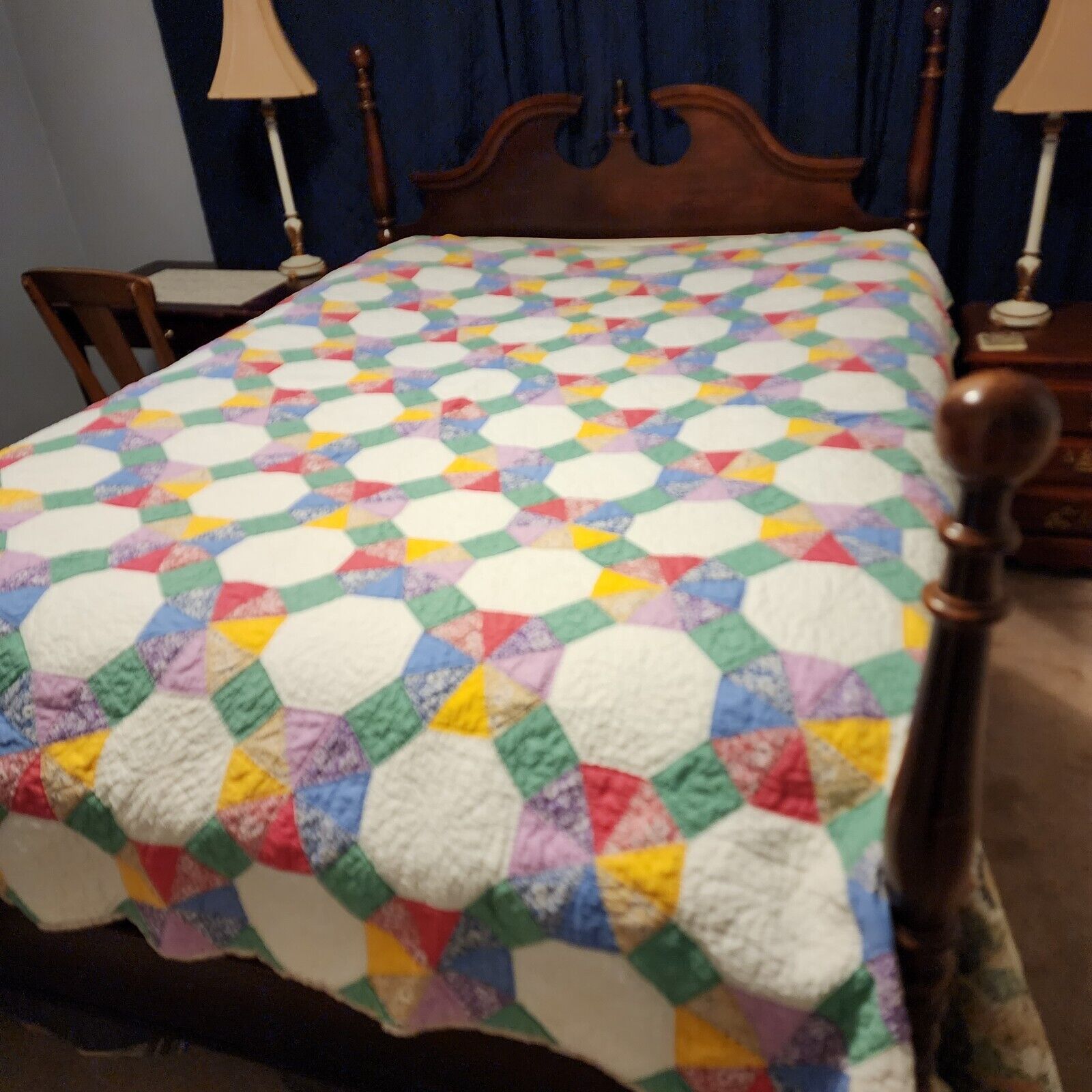 Fall Sale 1930s Hand Quilted Bedspread Queen Single Diamond Snowball $100 Off