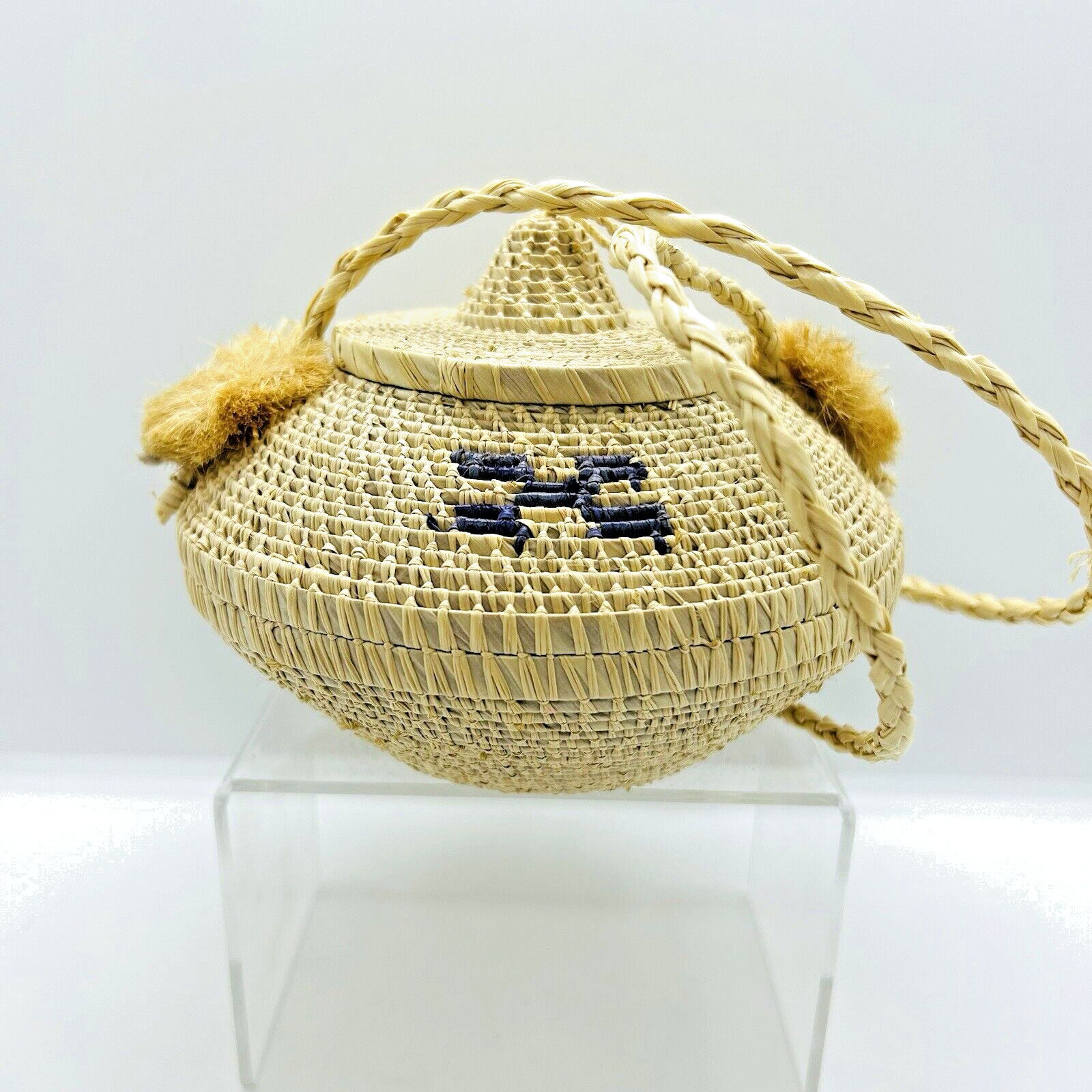 Hanging Woven Attached Lidded Sea Grass Sweet Grass Basket Tribal 5\
