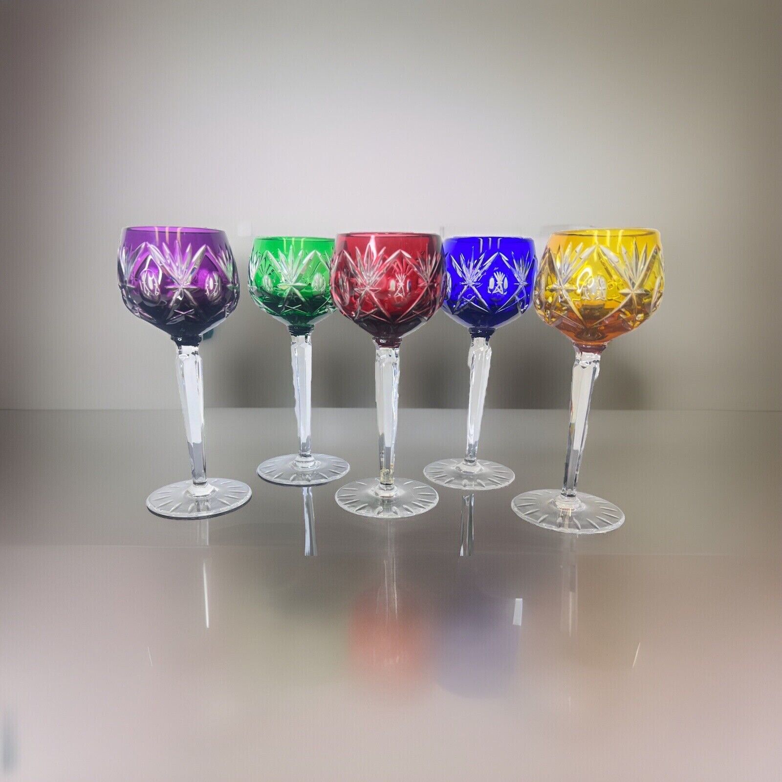 VTG Bohemian Crystal Wine/Drinking Glass Set Of 5 Beautiful 7.5”H