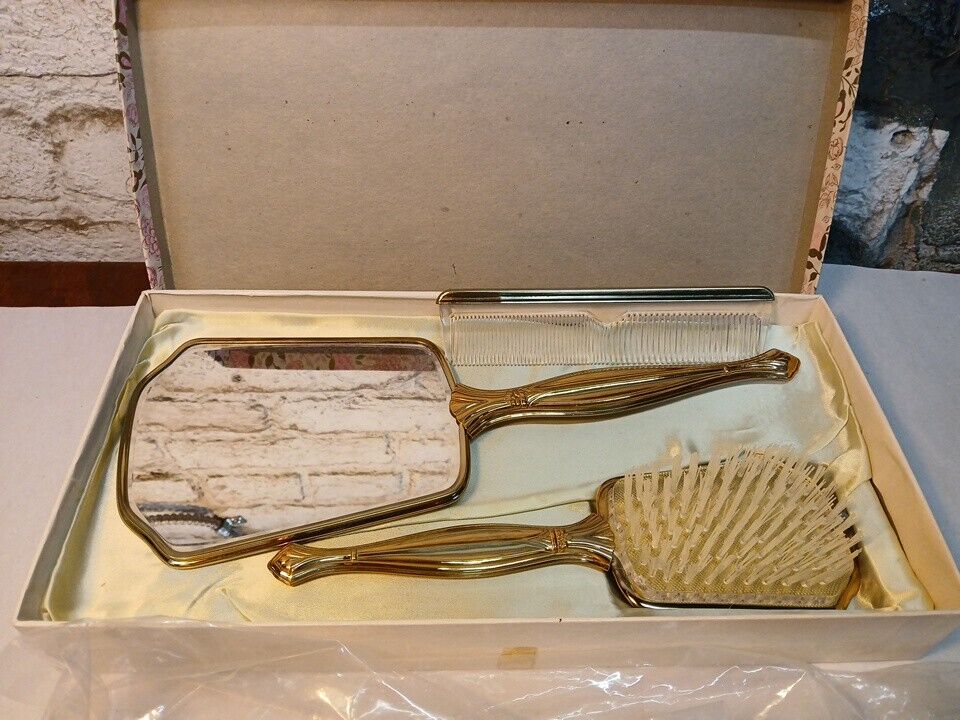 Vintage 3 Piece Vanity Dresser Set Gold Floral Mirror Brush Comb Looks Unused 
